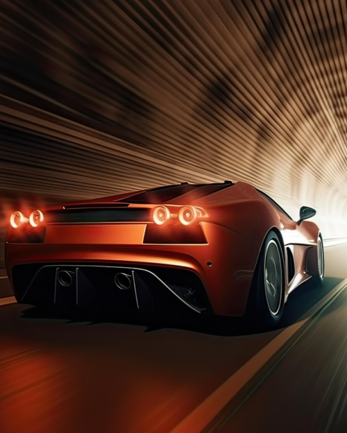 Futuristic Sports Car On Neon Highway. Powerful acceleration of a supercar on a night track with colorful lights and trails. 3d illustration. Generative Ai.